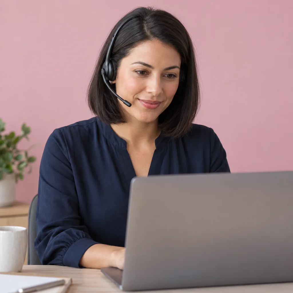 A support agent helping a customer from her laptop