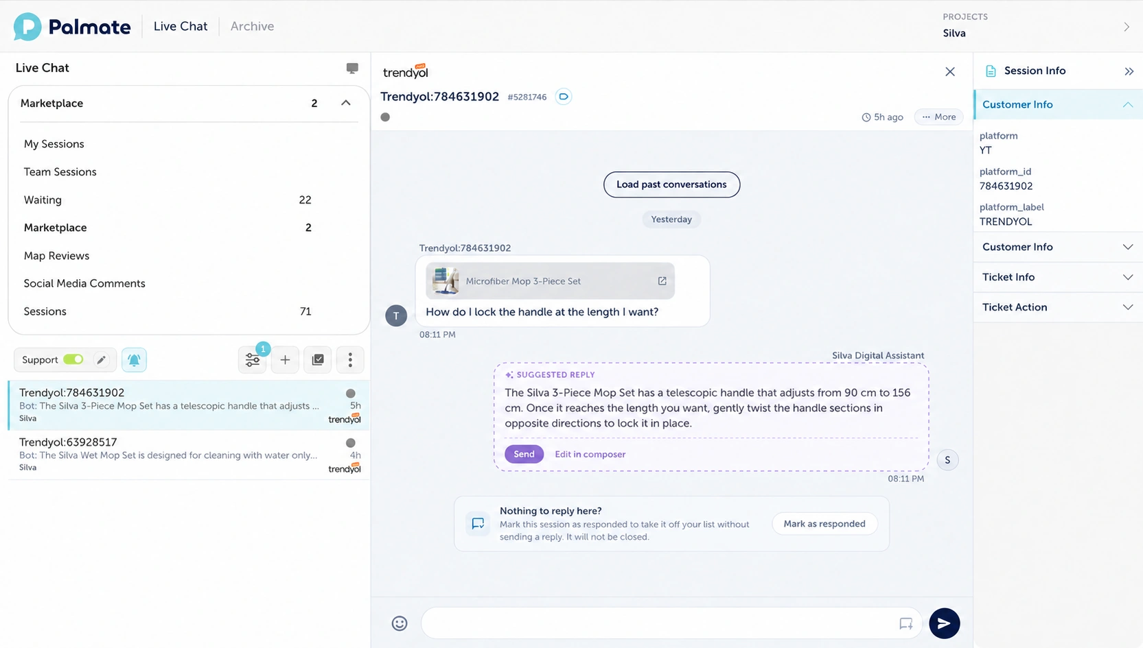 Palmate live chat: a Trendyol product question for Silva, a suggested reply and customer information.