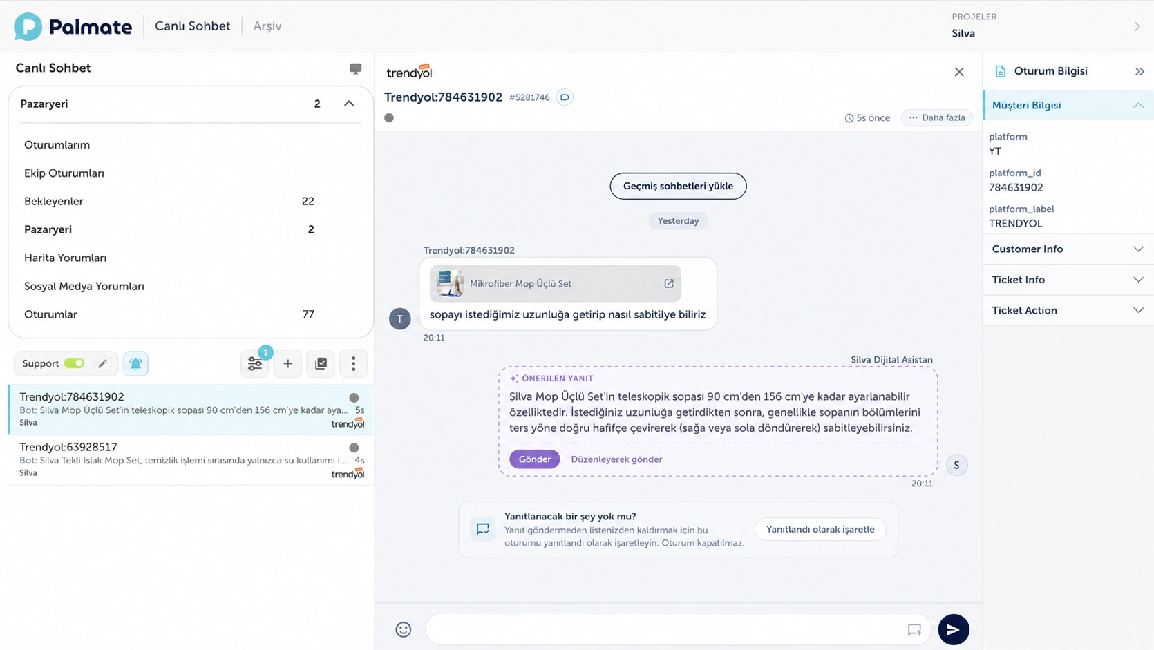 Palmate canlı sohbet ekranı: Silva için Trendyol ürün sorusu, önerilen yanıt ve müşteri bilgileri.