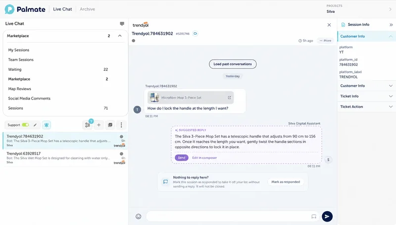 Palmate live chat: a Trendyol product question for Silva, a suggested reply and customer information.