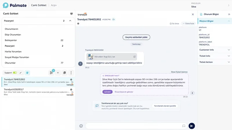 Palmate canlı sohbet ekranı: Silva için Trendyol ürün sorusu, önerilen yanıt ve müşteri bilgileri.